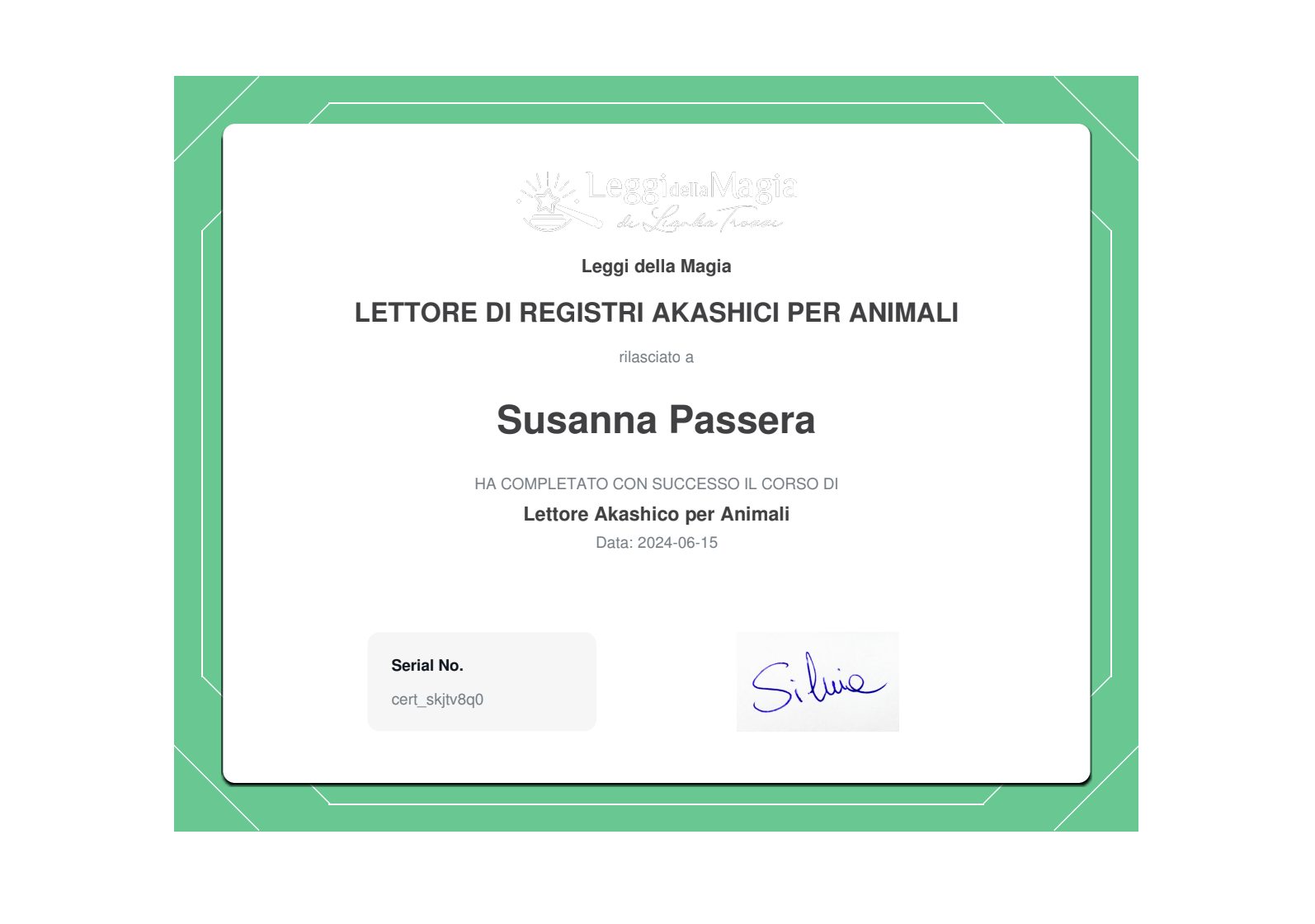 Certificato lettore di registri akashici per animali