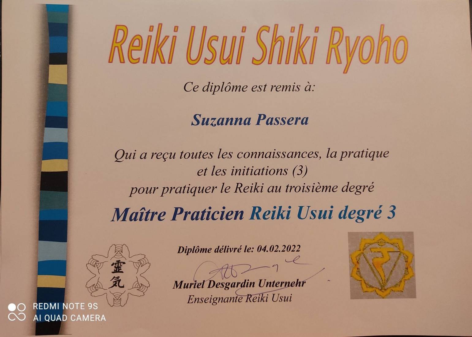 Diploma Reiki Usui terzo grado